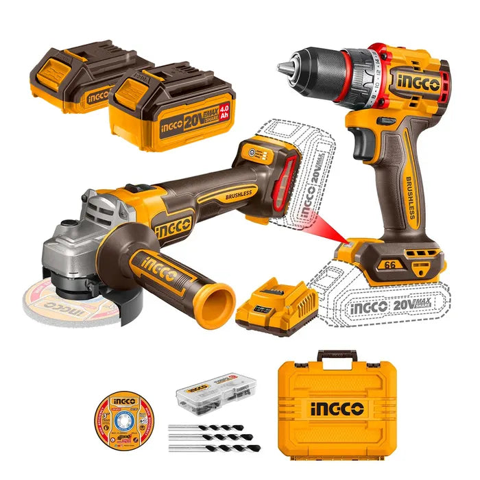 Set Ingco Taladro Bl Y Esmeril Bl +2bat Y Carg +accesorios 20v