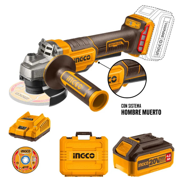 Esmeril Bl Ingco C/hm Industrial +bat/carg+10disc 4 1/2" 20v/115mm