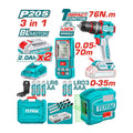 Kit Taladro Inalámbrico 76Nm + Medidor de Distancia y Nivel Laser + Accesorios Total