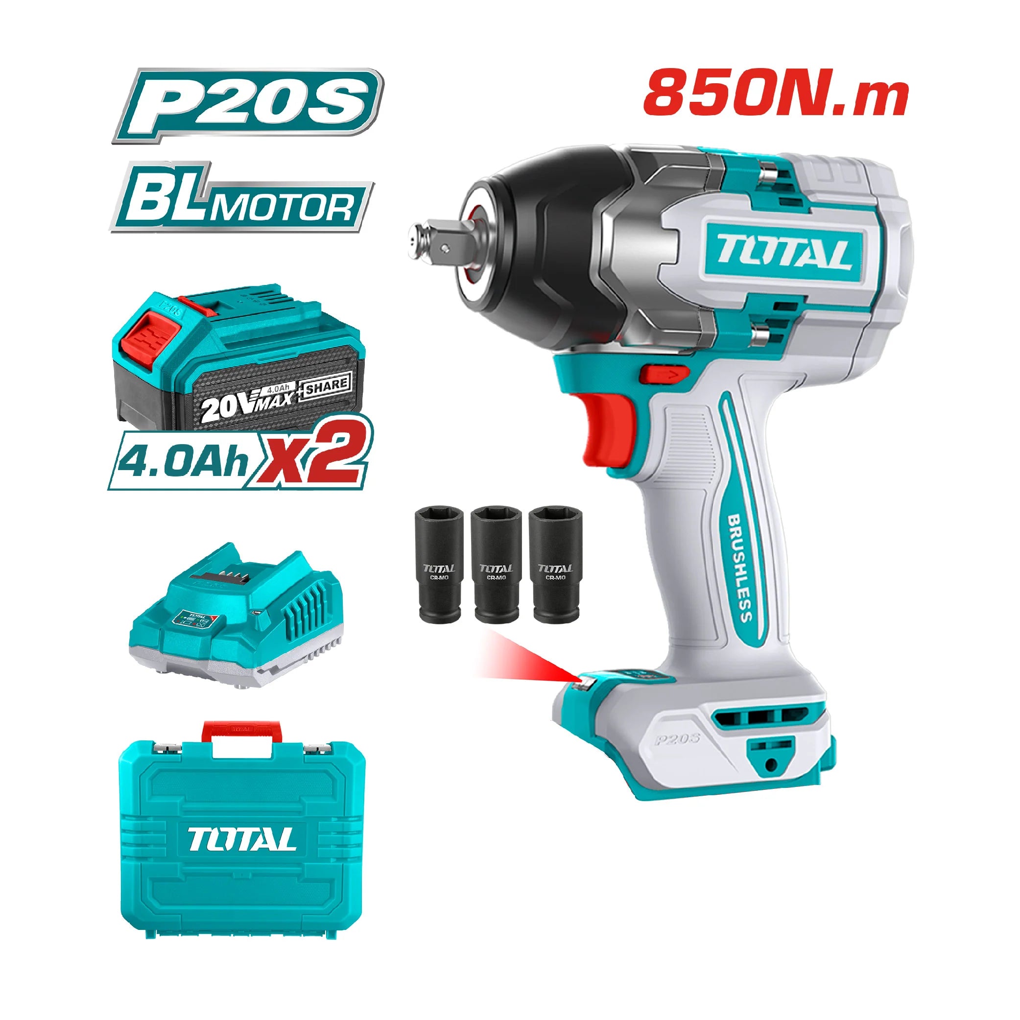 Llave Impacto 1/2' BL 850Nm + 2 Baterías + Accesorios Total