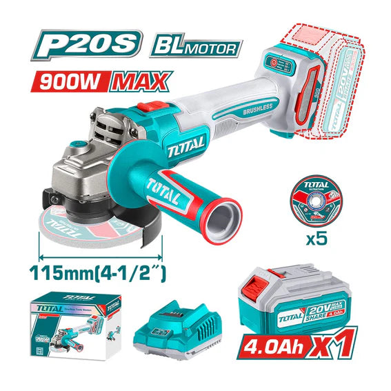 Esmeril Angular Inalámbrico 20V 115mm 900W + Batería y Cargador