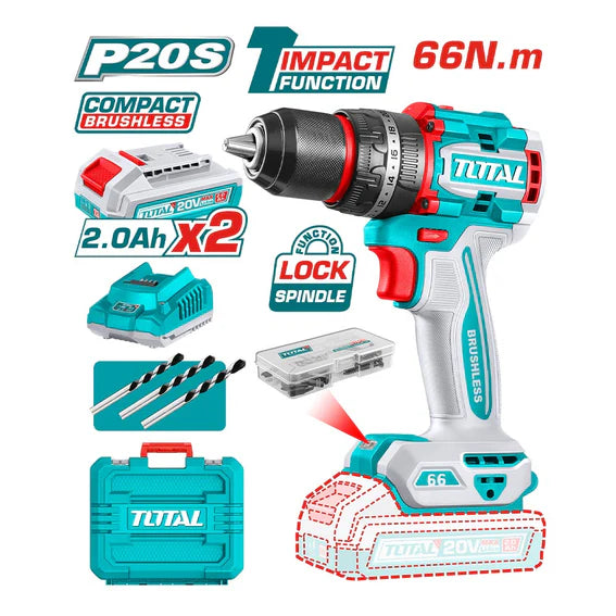 Taladro Impacto Inalámbrico 20V 66Nm 13mm + 2 Baterías y Cargador