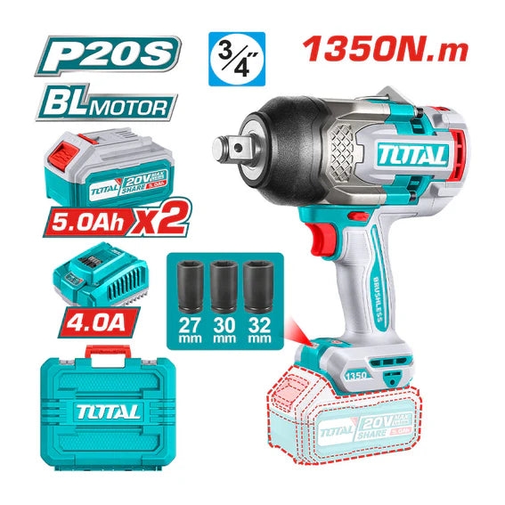 Llave de Impacto Inalámbrica 3/4 1350Nm + 2 Bat + Car